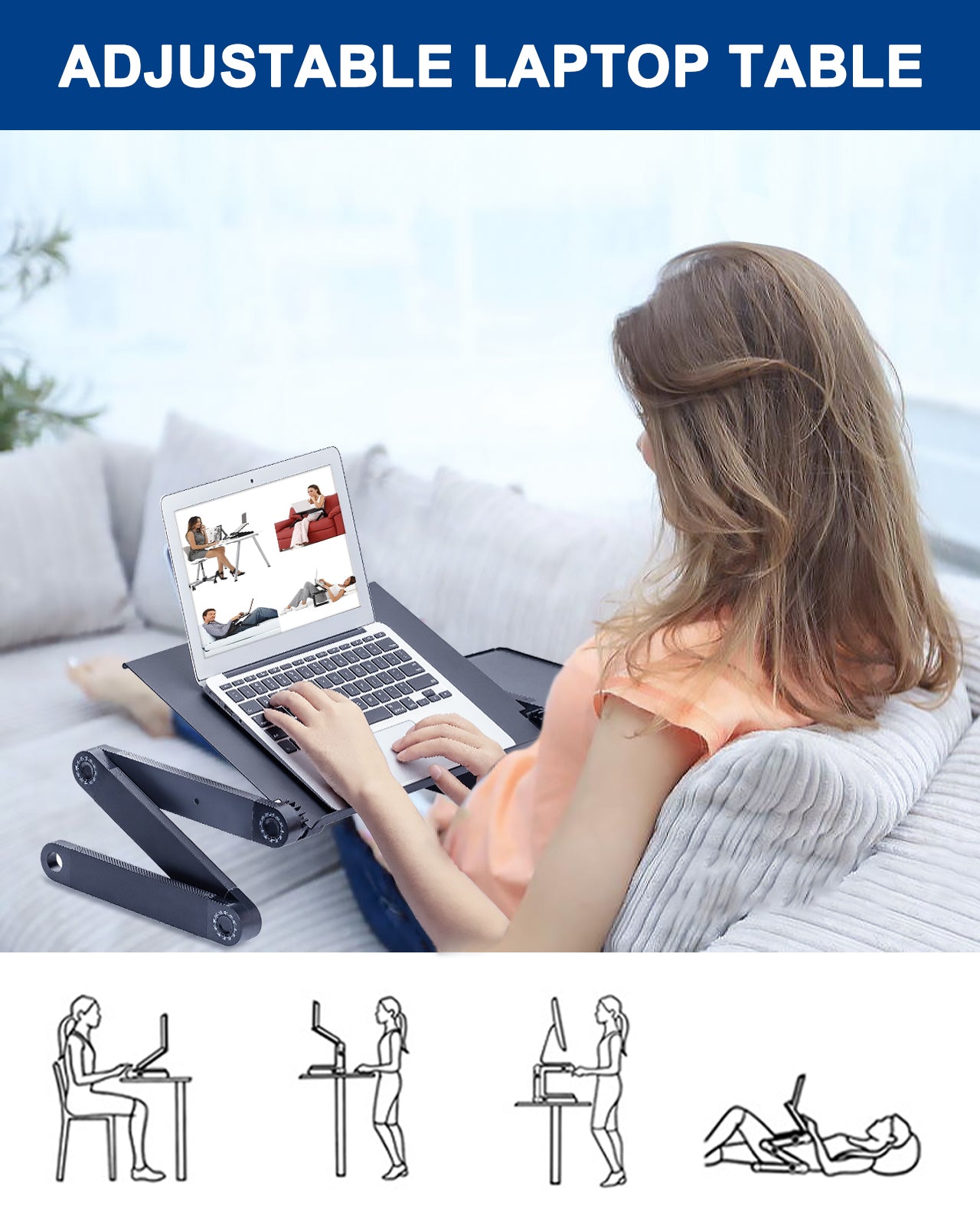 Adjustable Laptop Stand, Laptop Desk with 2 Cooling USB Fans with Mouse Pad, Foldable Cook Book Stand Notebook Holder Sofa