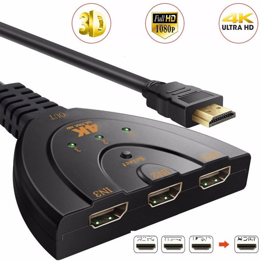 Premium 3 Port 4K HDMI Switcher Hub | Auto Splitter, 3x1 Adapter, 2.0 Cable | 3D Mini Design | Ideal for 4K 2K Displays